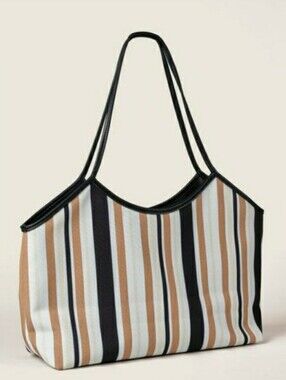 Avon Striped Canvas Tote in Black, White & Tan